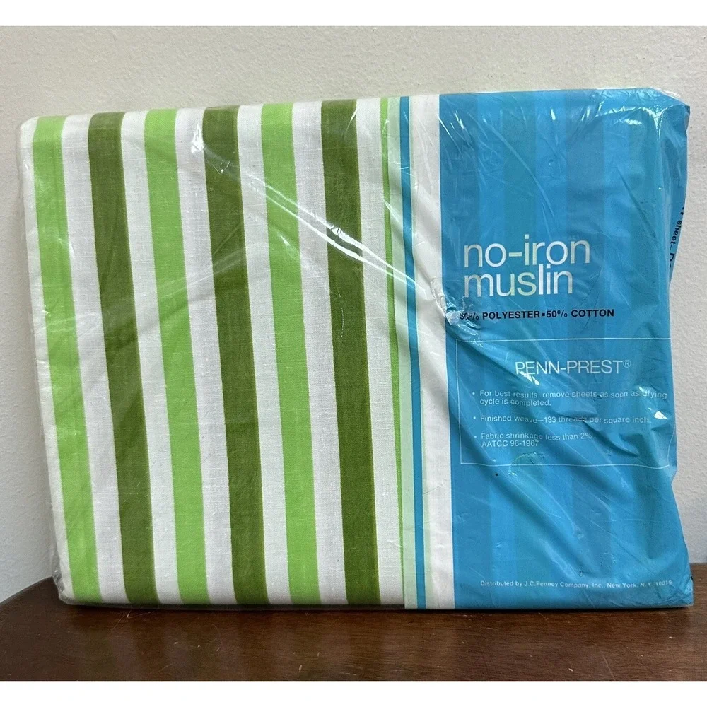 Vintage No Iron Muslin Full Flat Sheet Bright Retro Green Made in USA NEW NOS